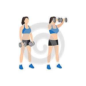 Woman doing Dual two arm dumbbell front shoulder raises exercise