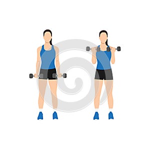Woman doing dumbbell bicep curls. Flat vector