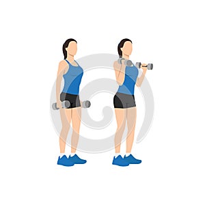 Woman doing dumbbell bicep hammer curls. Flat vector