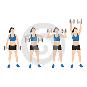 Woman doing Dumbbell cuban press exercise.