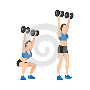 Woman doing Dumbbell squat thrusters. squat to overhead press exercise