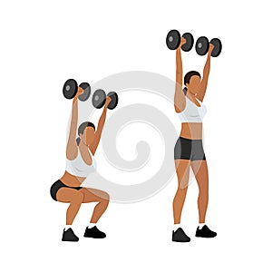 Woman doing Dumbbell squat thrusters. squat to overhead press exercise