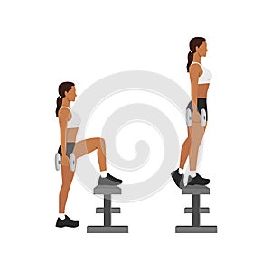 Woman doing dumbbell step ups exercise flat vector