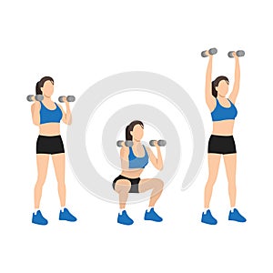 Woman doing Dumbbell thrusters. Squat to overhead press