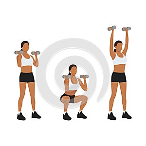 Woman doing Dumbbell thrusters. Squat to overhead press