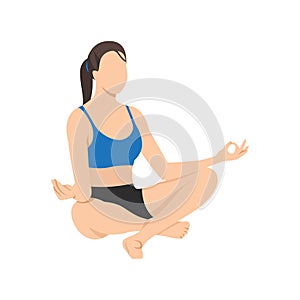 Woman doing easy pose sukhasana exercise.