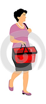 Woman doing everyday grocery shopping with shopping basket at supermarket, vector.