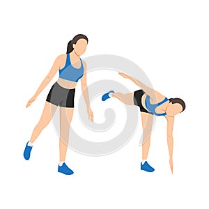 Woman doing exercise with body toe touches. Pivoting , hamstrings and erector spinae