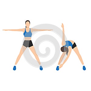 Woman doing exercise with cross body toe touches in 2 Step. Back Stretch