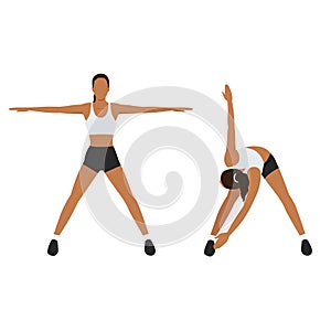 Woman doing exercise with cross body toe touches in 2 Step. Back Stretch