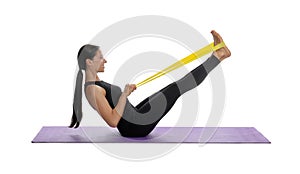 Woman doing exercise with fitness elastic band on white background