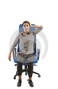Woman doing exercise while sitting on the office chair, isolated on white