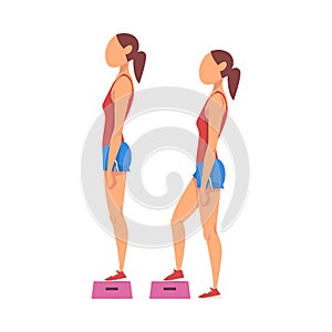 Woman Doing Exercise Using Steps Platform in Two Steps, Girl Doing Sports Firming her Body, Buttock Workout Vector