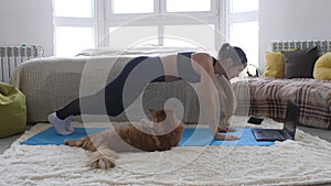 Woman doing exercise workout online personal trainer watching an online course on the computer and Maine coon cat is