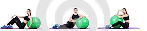 Woman doing exercises with ball on white