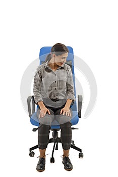 Woman doing exercises of her neck, sitting on the office chair, isolated on white background