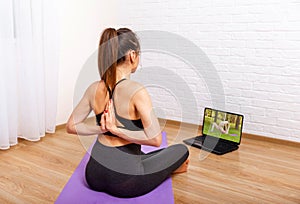 Woman doing exercises in living room. Sport, workout recreation concept.