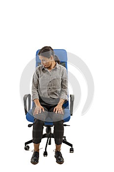 Woman doing exercises while sitting on the office chair, isolated on white