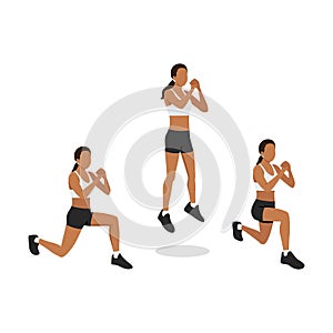 Woman doing Explosive Jumping Alternating Lunges Exercise in 3 steps for lower body and Hamstring. Flat vector illustration