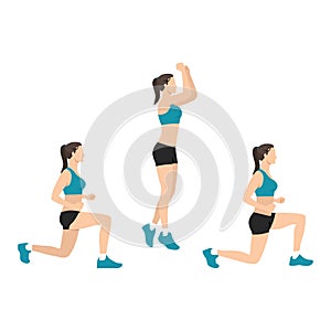 Woman doing explosive jumping alternating lunges photo