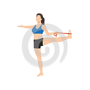 Woman doing extended hand to big toe with elastic band pose
