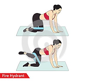 Woman doing Fire Hydrant workout with resistance band crunch for exercise guide.