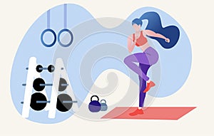 Woman doing fitness exercise at the gym. Flat colorful style cartoon character vector illustration