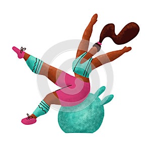 Woman doing fitness exercise. Plus size girl joyfully jumping on a fitball. Lady dressed in a sportive uniform having fun in gym