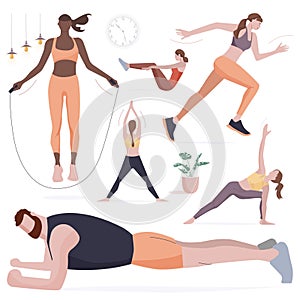 Woman doing fitness and yoga exercises vector illustration