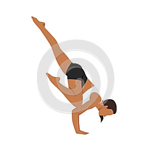 Woman doing Flying crow pose. Flat vector illustration