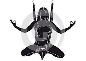 Woman doing flying yoga. Vector silhouette