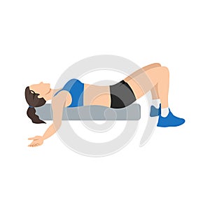 Woman doing Foam roller chest opener stretch exercise.