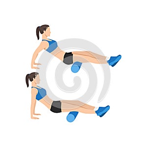 Woman doing Foam roller hamstring stretch exercise.