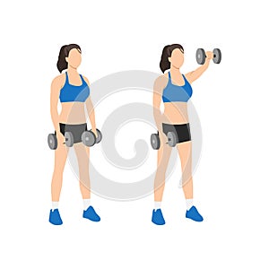 Woman doing Forward. front shoulder dumbbell raises exercise.