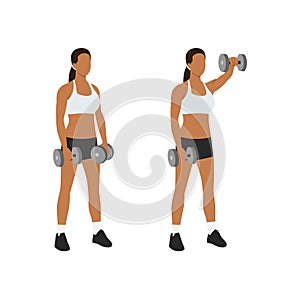 Woman doing Forward. front shoulder Single dumbbell raises exercise