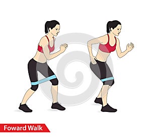 Woman doing Foward Walk workout with resistance band crunch for exercise guide.
