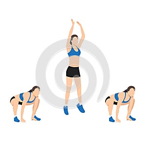 Woman doing Frog jumps exercise. Flat vector