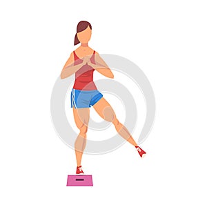 Woman Doing Glute Exercise Using Steps Platform, Girl Doing Sports Firming her Body, Buttock Workout Vector Illustration