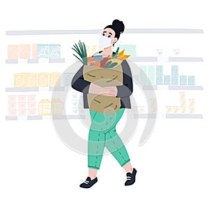 Woman doing grocery shopping during coronavirus pandemic quarantine. Food resupply.