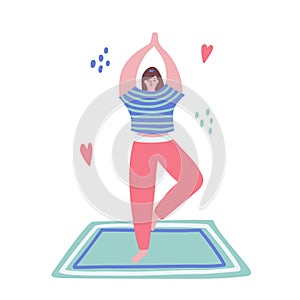 Woman is doing gymnastic pose on mat. Pilates, yoga. Sport Healthy Lifestyle. Vector illustration in flat style