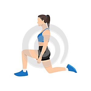 Woman doing half kneeling hip flexor stretch exercise. photo