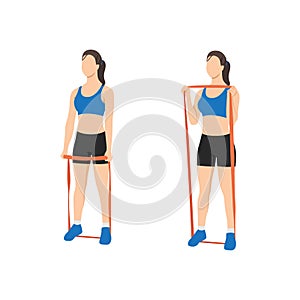 Woman doing Hammer grip curls with long resistance band exercise