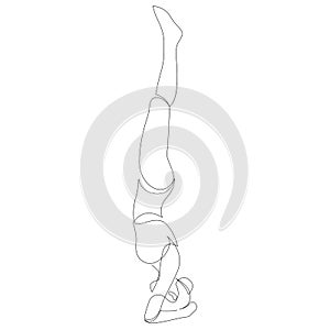 Woman doing headstand yoga pose. Continuous line drawing. Yoga pose stand on the head or Shirshasana. Vector