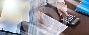 Woman doing her accounting; multiple exposure