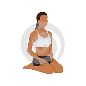 Woman doing hero pose virasana exercise.