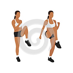 Woman doing High knees. front knee lifts. run.jog on the spot exercise