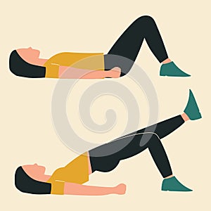 Woman doing hip bridge with extension. Illustrations of glute exercises and workouts. Flat vector illustration