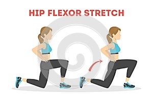 Woman doing hip flexor stretch exercise. Idea of healthy
