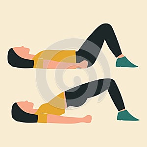 Woman doing hip thrusts. Illustrations of glute exercises and workouts. Flat vector illustration