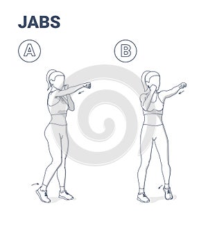 Woman Doing Jabs Exercise Fitness Home Workout Guidance Illustration. Girl Boxing Move Jab Punch. photo